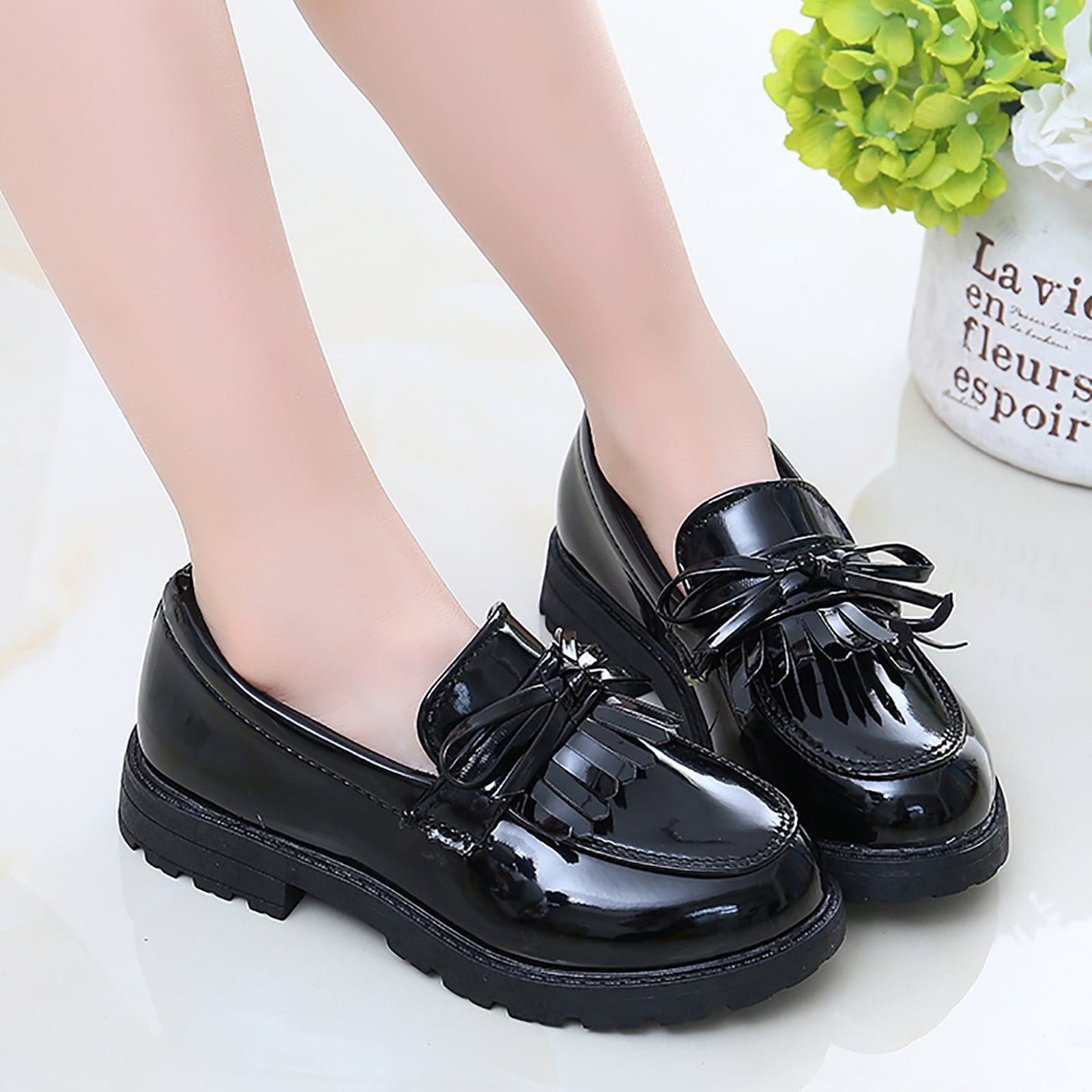 LYCAQL Toddler Shoes Girls Slip On Leather Loafer Tassel Bow School