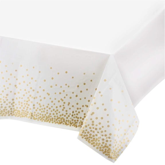 LYCAQL White Gold Tablecloths 54"x108" Gold Dot Disposable Tablecloths Table Cloth Disposable White Tablecloths - Party, Wedding, Baptism Decorations, Engagement Party Decorations
