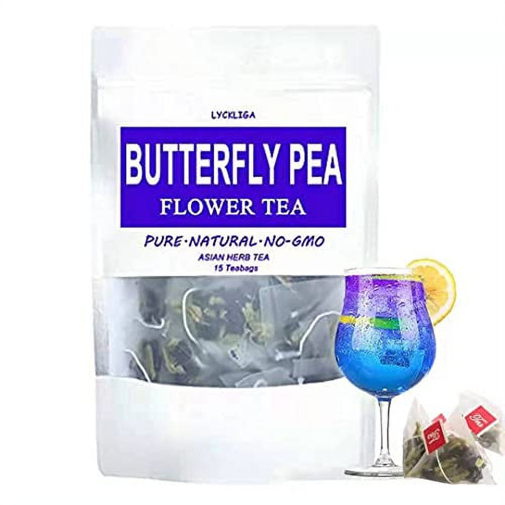 LYCKLIGA Butterfly Pea Flower Tea 15 Pyramid Tea Bags, Clitoria