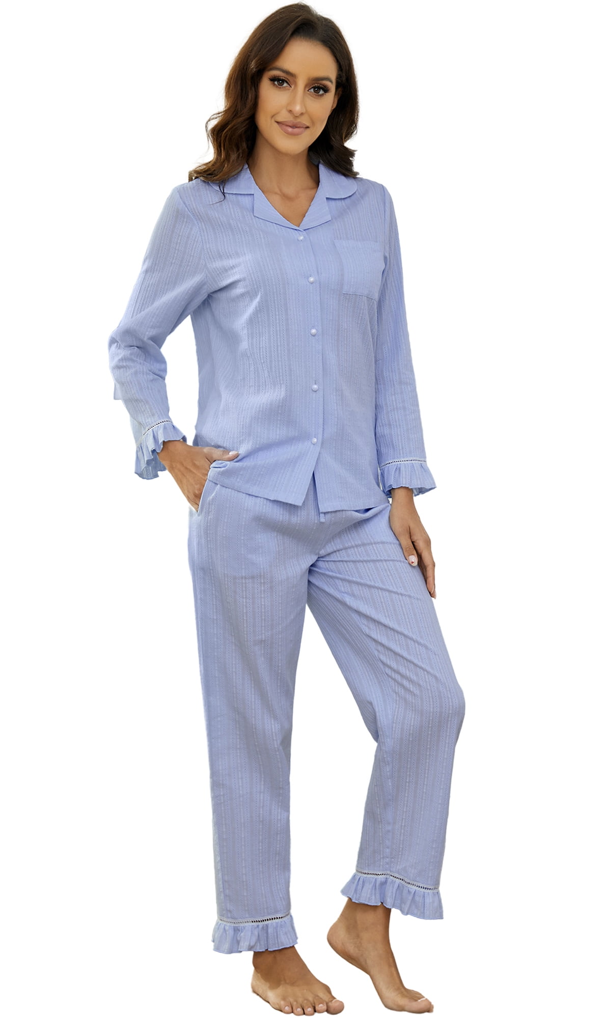 LYCY Women's Cotton Pajama Set, Long Sleeve Button Up Sleepwear Pjs ...