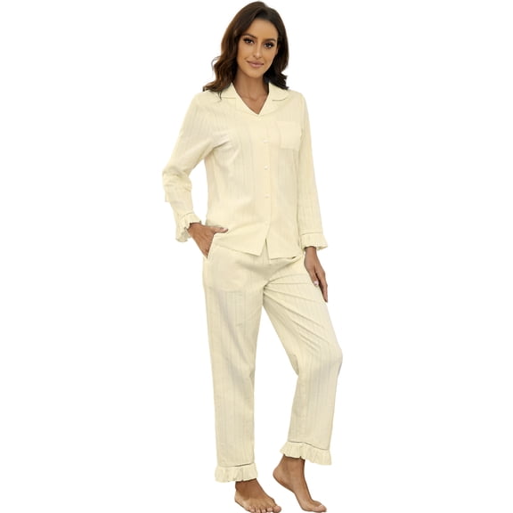 LYCY 100% Cotton Women Pajama Set, Soft Cute Button up Long Sleeve Sleepwear Pjs Set(Canary Yellow,L)