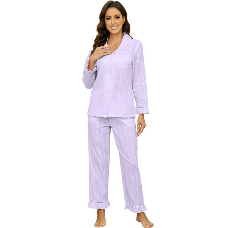 LYCY 100% Cotton Women Pajama Set, Soft Button Up Sleepwear with