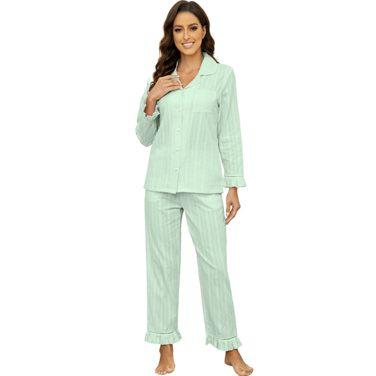 LYCY 100 Cotton Women Pajama Set Soft Cute Button up Long Sleeve Sleepwear Pjs Set Light Green XL Walmart