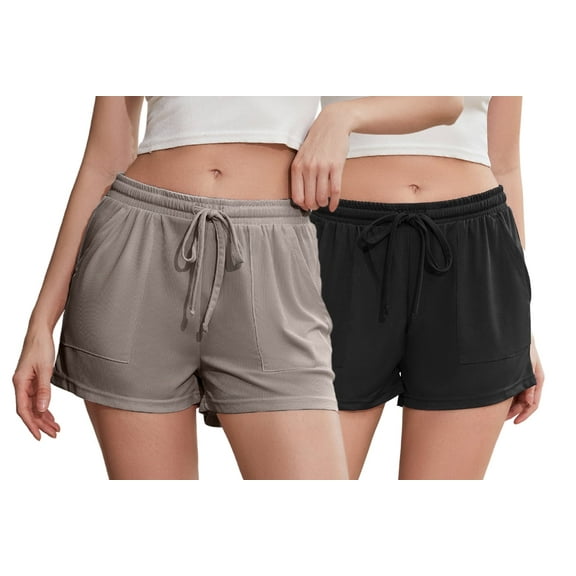 LYCY Pajama Shorts for Women, Soft Sleep Shorts for Women Lightweight knit Summer Pj Bottoms, Pack of 2&3 (Black Deep Khaki, Large)
