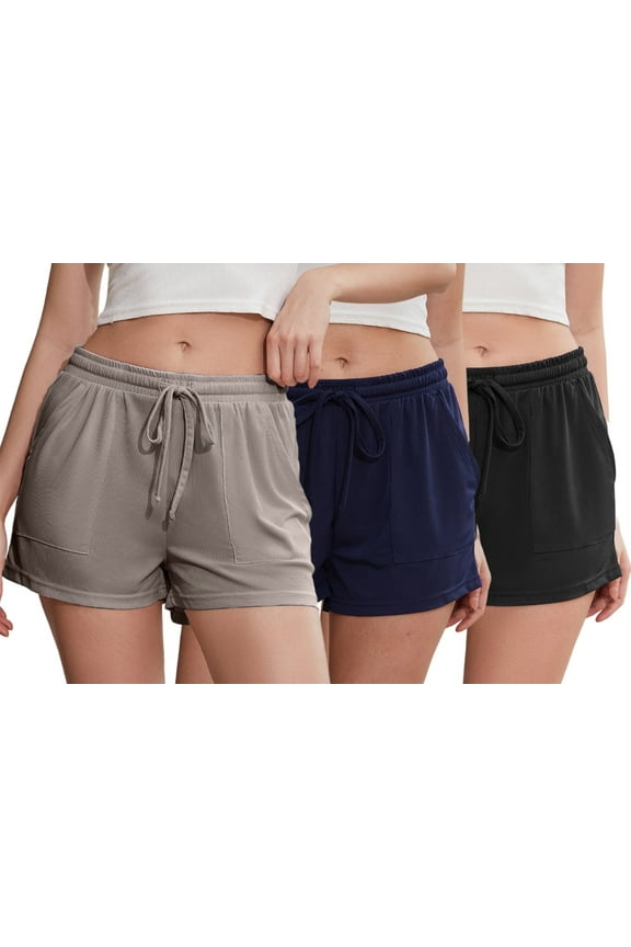 Pajama Shorts for Women, Soft Sleep Shorts for Women Lightweight knit Summer Pj Bottoms, Pack of 2&3 (Black+Deep Khaki+Navy,Large)