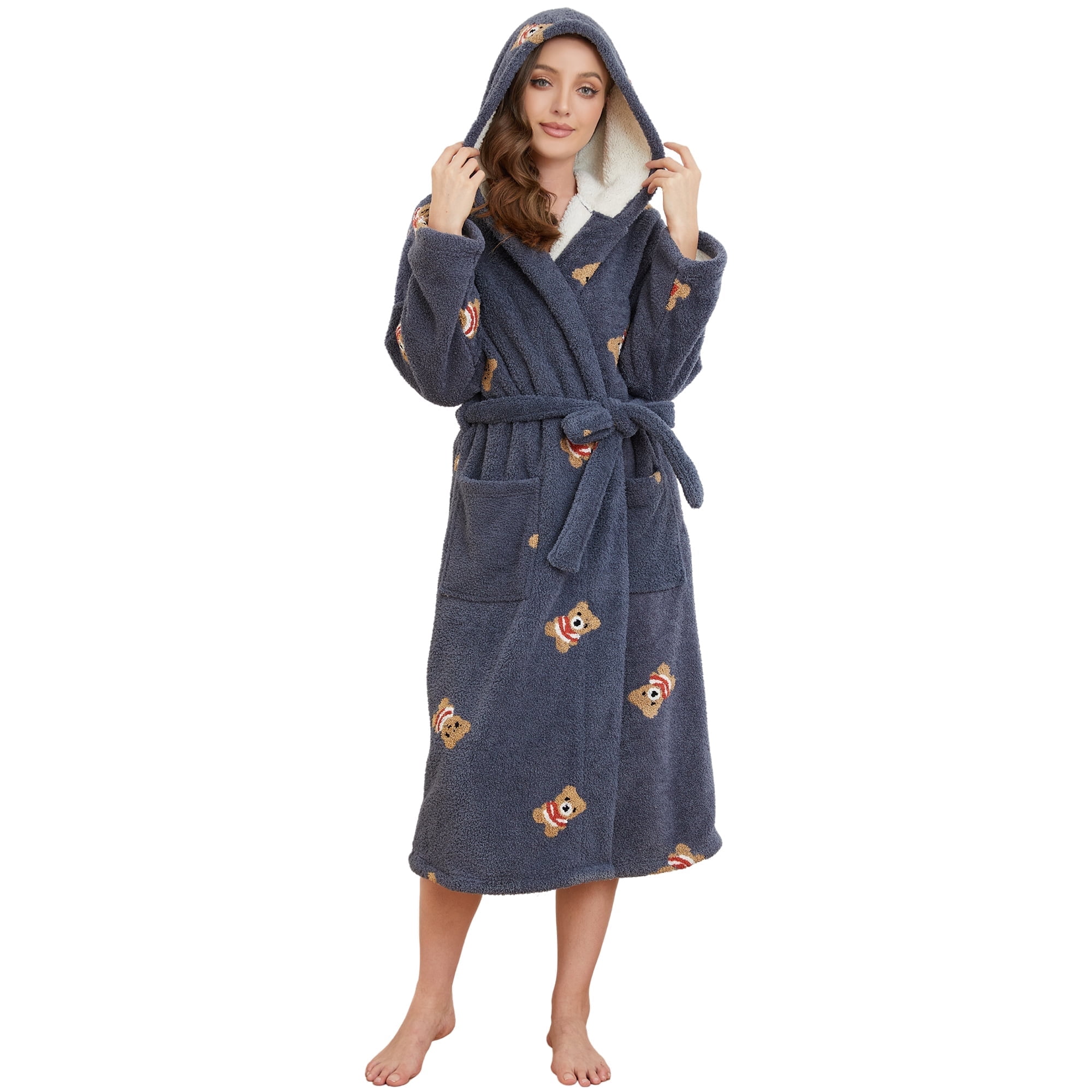 LYCY Womens Hooded Plush Long Robe, Soft Warm Bathrobe For Women Mid
