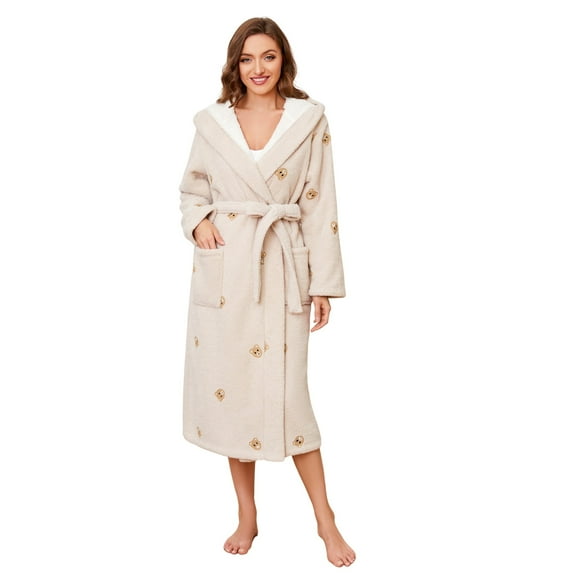 LYCY Womens Hooded Plush Robes, Soft Cute Warm Fleece Bathrobe for Women Long Embroidered Ladies Loungewear(Bear-khaki, Small-Medium)
