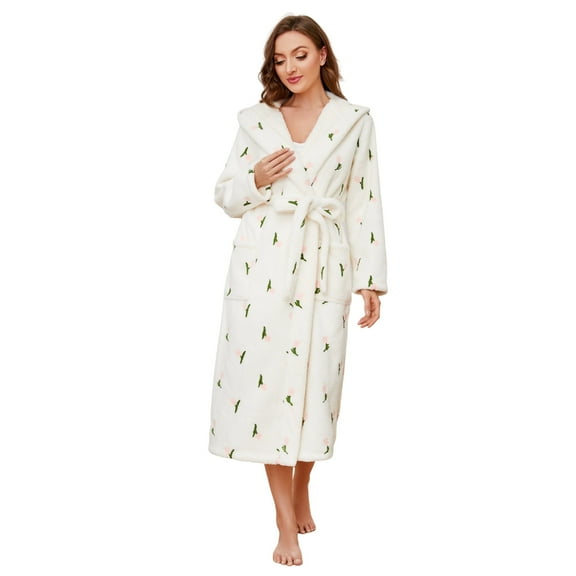 LYCY Womens Hooded Plush Robes, Soft Cute Warm Fleece Bathrobe for Women Long Embroidered Ladies Loungewear(Tulip-white, Large-X-Large)