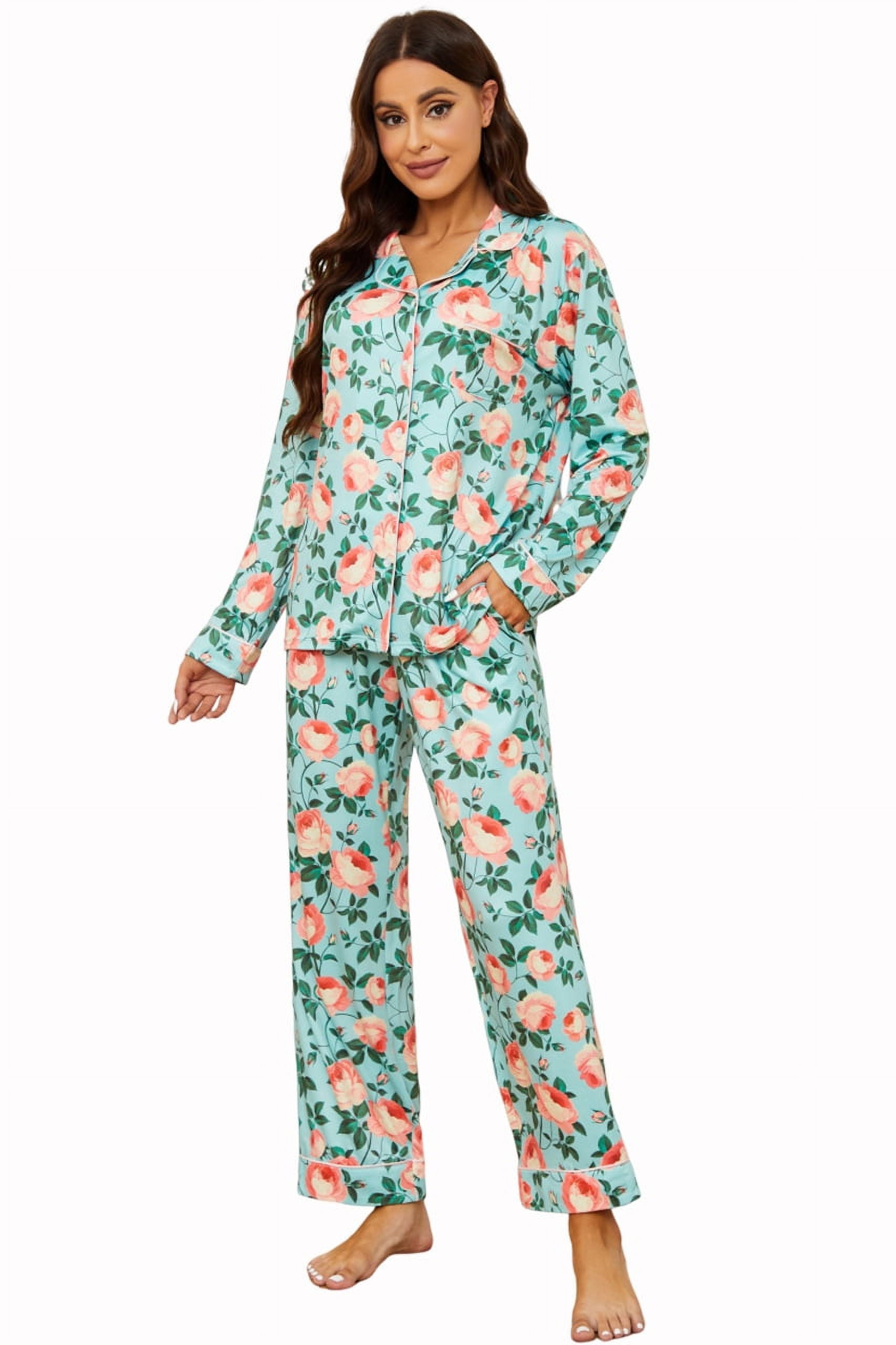 Amaxer Women's 100% Cotton Pajama Set - Long Sleeve Button Top & Drawstring Pants, Blue Floral Print, Medium