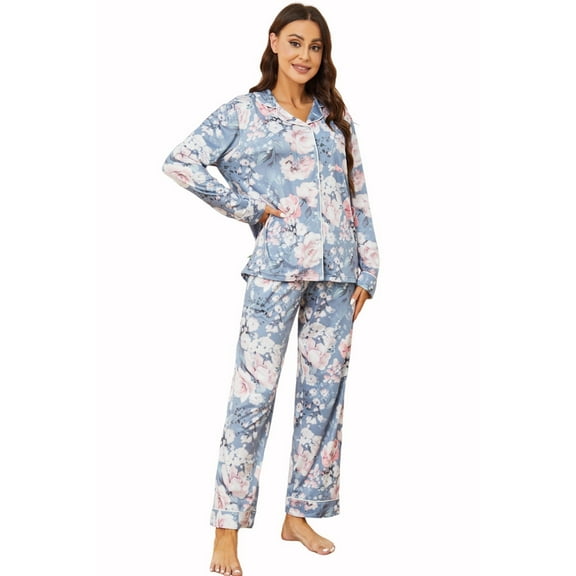 LYCY Womens Pajama Sets Floral Print, Long Sleeve Button Down Pajamas Set for Women Soft Sleepwear Pjs 2 piece Loungewear, (Grey Floral, Medium)