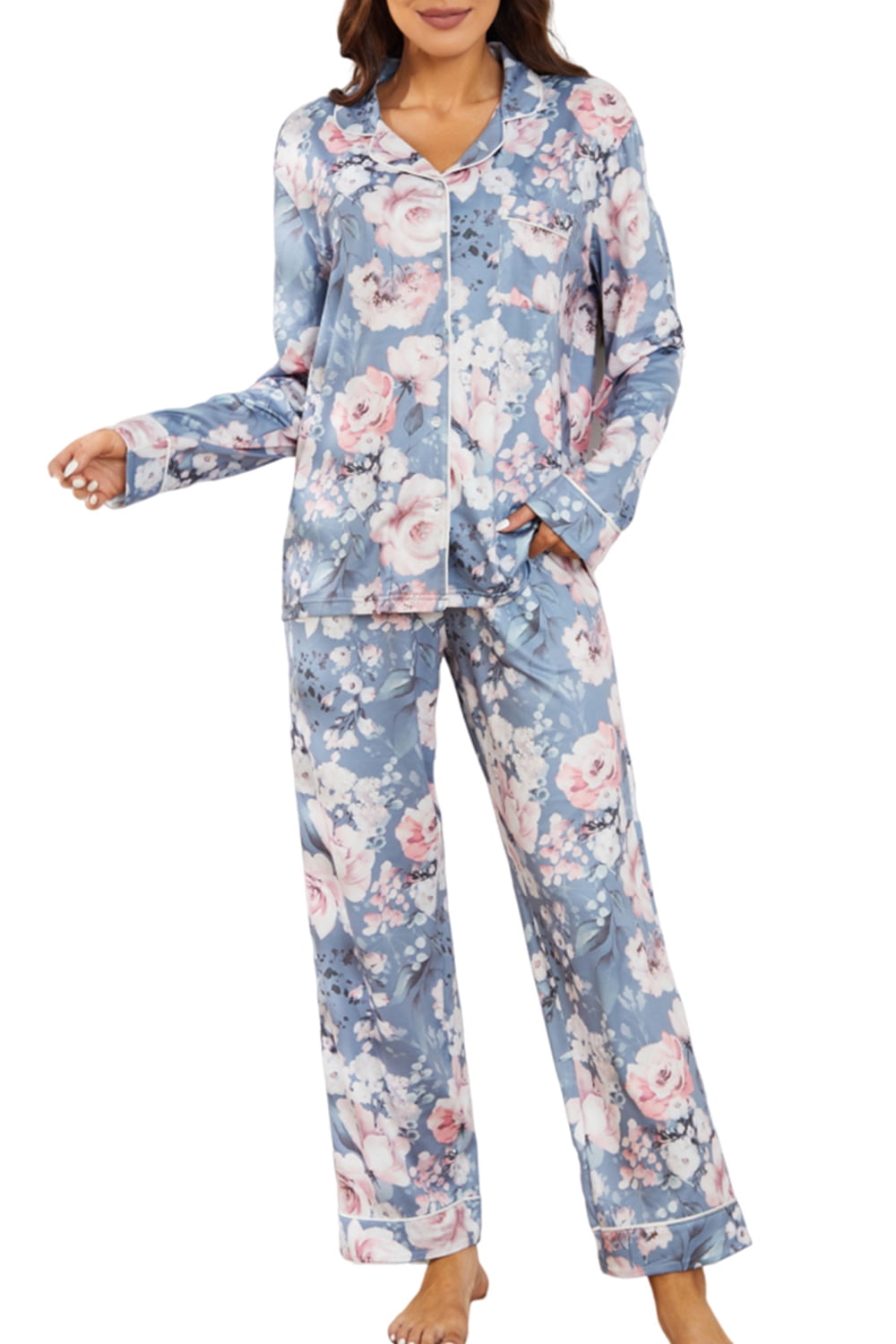 LYCY Womens Pajama Sets Floral Print, Long Sleeve Button Down Pajamas