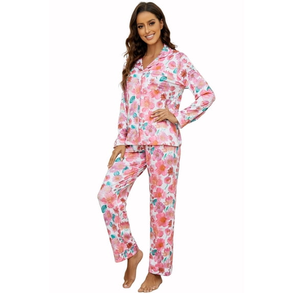 LYCY Womens Pajama Sets Floral Print, Long Sleeve Button Down Pajamas Set for Women Soft Sleepwear Pjs 2 piece Loungewear, (Pink Floral, Small)