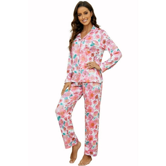 LYCY Womens Pajama Sets Floral Print, Long Sleeve Button Down Pajamas Set for Women Soft Sleepwear Pjs 2 piece Loungewear, (Pink Floral, XX-Large)
