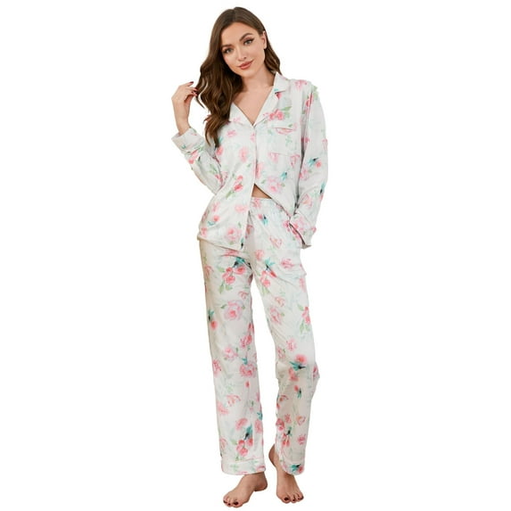 LYCY Womens Pajama Sets Floral Print, Long Sleeve Button Down Pajamas Set for Women Soft Sleepwear Pjs 2 piece Loungewear, (Pink Rose, Medium