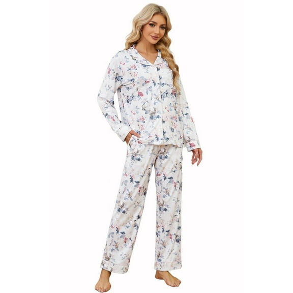 LYCY Womens Pajama Sets Floral Print, Long Sleeve Button Down Pajamas Set for Women Soft Sleepwear Pjs 2 piece Loungewear, (White Floral,Medium)