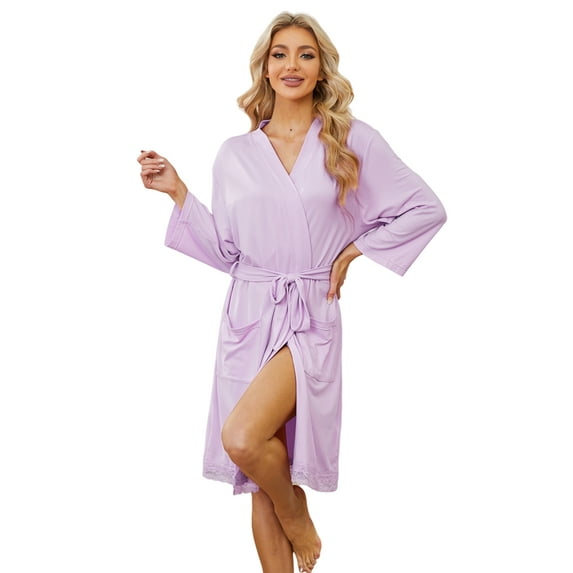 LYCY Womens Robes, Lightweight Short Bathrobe 3/4 Sleeves Lace Soft Sleepwear Ladies Loungewear, (Lavender, Small)