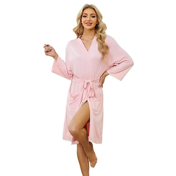 LYCY Womens Robes, Lightweight Short Bathrobe 3/4 Sleeves Lace Soft Sleepwear Ladies Loungewear, (Light Pink, X-Large)