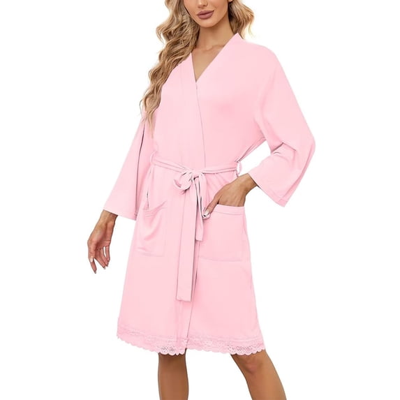 LYCY Womens Robes, Lightweight Short Bathrobe 3/4 Sleeves Lace Soft Sleepwear Ladies Loungewear, (Light Pink, X-Large)