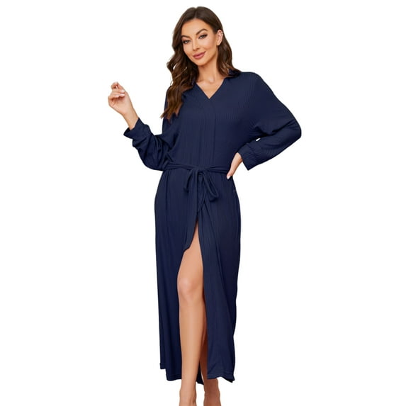 LYCY Womens Soft Long Robe, Lightweight Full Length Knit Bathrobe for Sleepwear & Loungewear Robe(Navy, 2XL)