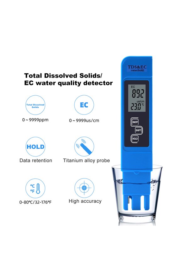 3-in-1 Digital Water Quality Tester Meter for Drinking Water Hydroponics Aquariums, EC TDS Total Dissolved Solids & Temperature Multiparameter Probe, Blue