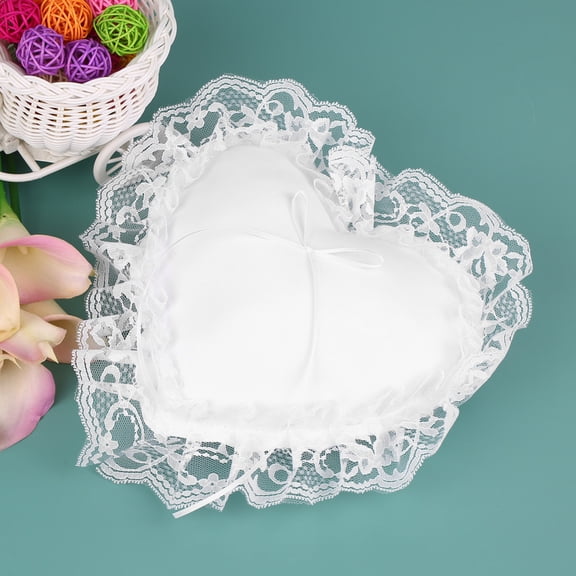LYD White Lace Satin Heart Wedding Ring Bearer Pillow, 7 x 7 inches Elegant Romantic Ceremony Decoration, Lightweight Floral Foam Cushion Set for Bride and Groom, Decorative Party Favor Supplies