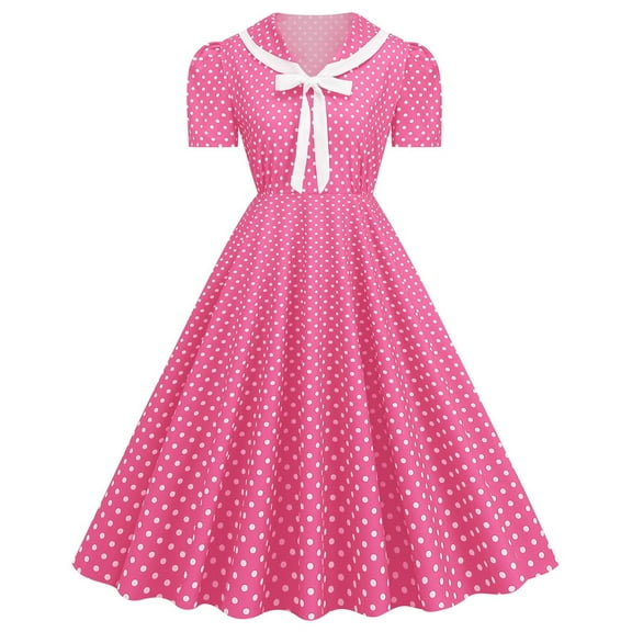 LYEAA 1940s Dresses for Women Plus Size Short Sleeve Formal Elegant Loose Knee Length A Line Wedding Guest Dresses Collared Polka Dots Bow Vintage Prom Flowy Summer Ball Gown Party Dresses Pink XL