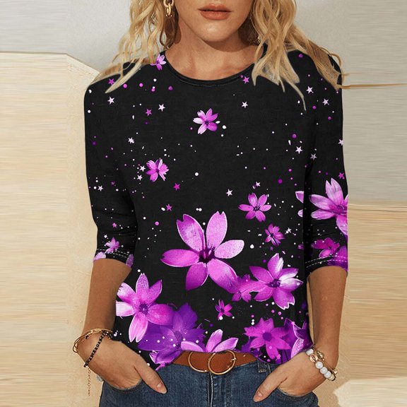 LYEAA 2025 Botanical Print Tops Women 3/4 Sleeve Round Neck Loose Fit Resort Style Beach Cover Up Summer Casual Holiday Cotton Shirt Hot Pink S