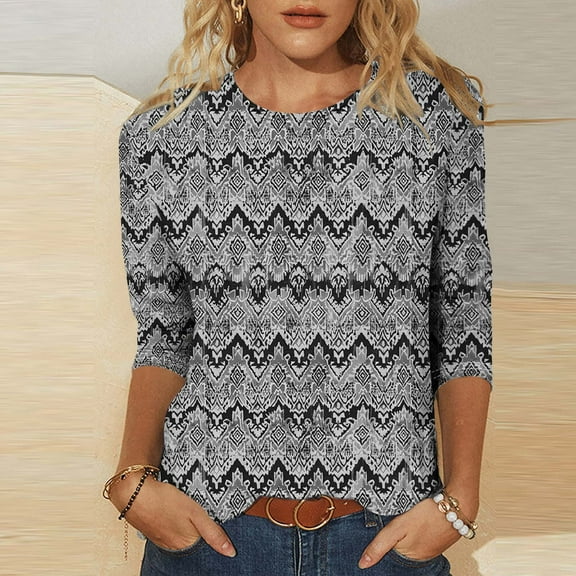 LYEAA 2025 Island Escape Tops Women 3/4 Sleeve Round Neck Floral Print Loose Fit Resort Blouse Summer Beach Holiday Casual Cotton Top Gray S