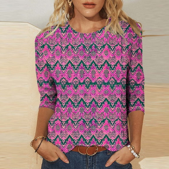 LYEAA 2025 Island Escape Tops Women 3/4 Sleeve Round Neck Floral Print Loose Fit Resort Blouse Summer Beach Holiday Casual Cotton Top Hot Pink XXXXL