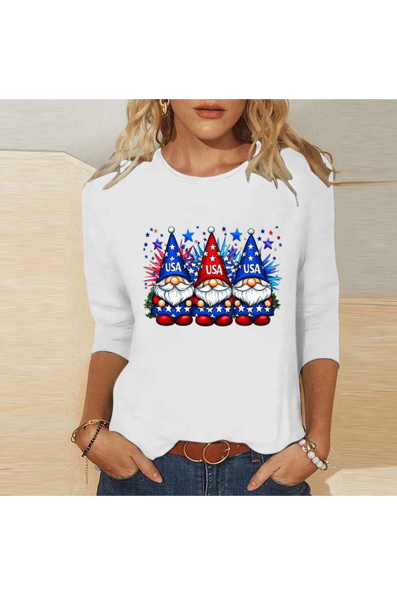 2025 Womens 3/4 Sleeve Tops Patriotic Eagle Print V-Neck Pullover Shirt Breathable Cotton Blend for Beach Vacation and Daily Wear White XL