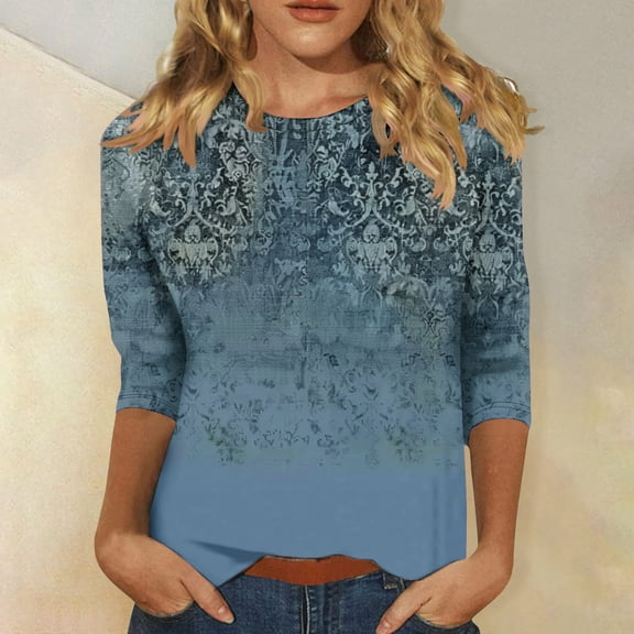 LYEAA 2025 Women 3/4 Sleeve Tops Artistic Floral Print Loose Fit Round Neck Blouse Soft Fabric for Beach Holiday Summer Outfits Multicolor L