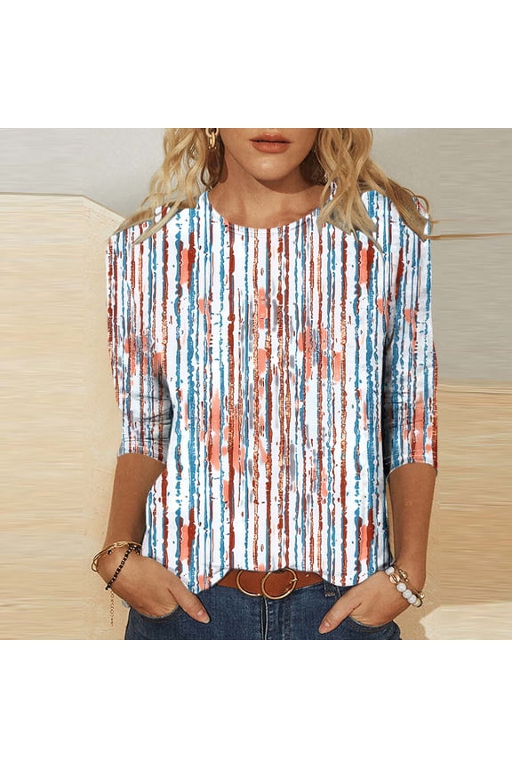 2025 Resort Chic Collection Women 3/4 Sleeve T-Shirt Round Neck Floral Print Loose Fit Beach Vacation Summer Casual Stylish Blouse Orange M