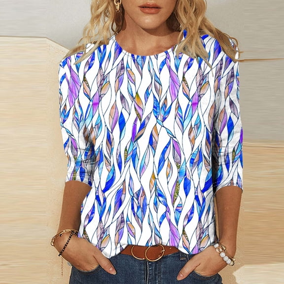 LYEAA 2025 Spring Summer Resort Wear Women 3/4 Sleeve Tops Floral Print Round Neck Loose Fit Beach Holiday Casual Cotton Blouse Blue S