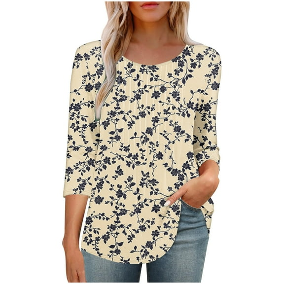 LYEAA 2025 Spring Summer Tops Women 3/4 Sleeve Botanical Print Round Neck Casual Shirt Breathable Cotton Beach Resort Wear Loose Fit Blouse Multicolor M