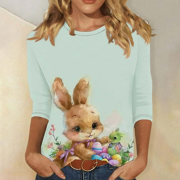 LYEAA 2025 Trendy Women 3/4 Sleeve Printed Tops Easter Theme Round Neck Casual Blouse Spring Florals Design Lightweight Party Wear Multicolor L