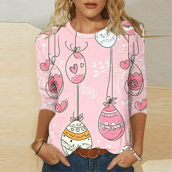LYEAA 2025 Trendy Women 3/4 Sleeve Printed Tops Easter Theme Round Neck Casual Blouse Spring Florals Design Lightweight Party Wear Pink M