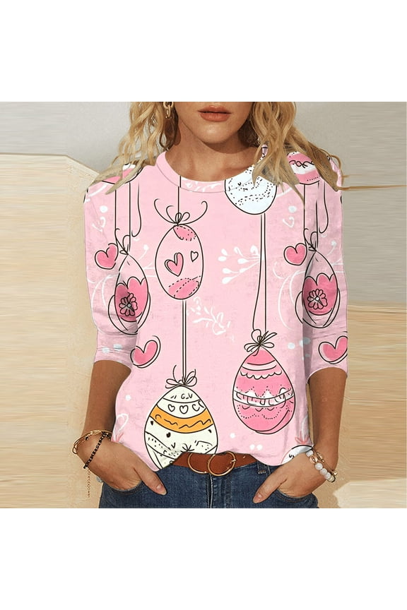 2025 Trendy Women 3/4 Sleeve Printed Tops Easter Theme Round Neck Casual Blouse Spring Florals Design Lightweight Party Wear Pink XXL
