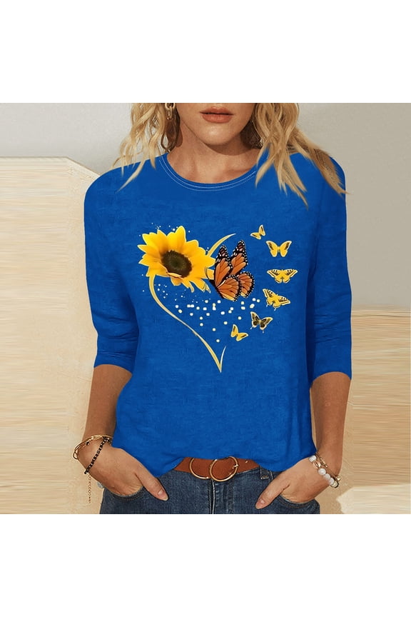 Trendy Women Starry Sky 3/4 Sleeve T-Shirt Crew Neck Casual Blouse Soft Jersey Knit Fabric Loose Fit Summer Beach Vacation Clothing Blue S
