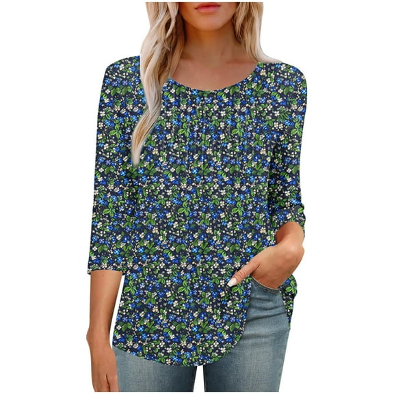 LYEAA 2025 Tropical Paradise Tops Women 3/4 Sleeve Floral Print Round Neck Beach Shirt Casual Loose Fit Summer Resort Wear Cotton Blend Blouse Multicolor M