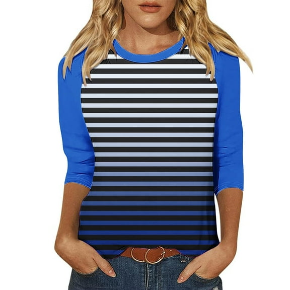 LYEAA 3/4 Length Sleeve Womens Tops Crew Neck 3/4 Sleeve T-shirt Fashion Gradient Striped Tees Loose Soft Comfortable Blouse Dressy Casual Breathable Trendy Clothing Blue L