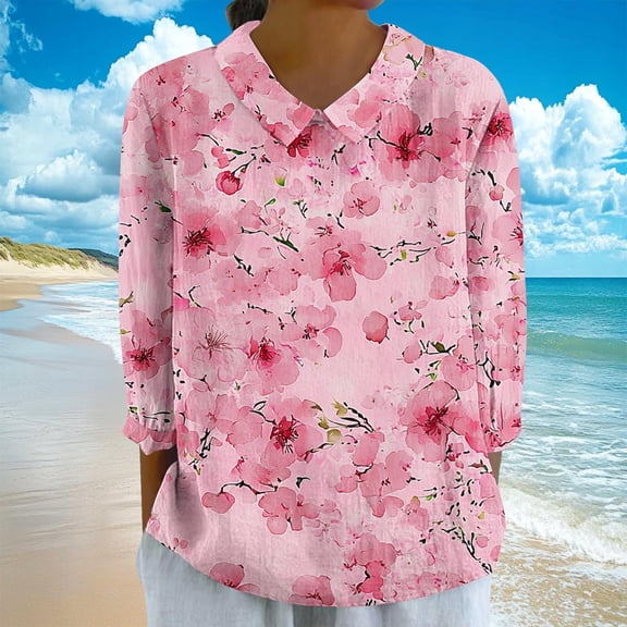 LYEAA 3/4 Sleeve Floral Embroidery Tops for Women Notched Collar Design Stretchy Cotton Blend Fabric Yoga Casual Spring Daily Wear Trendy Blouse Hot Pink M
