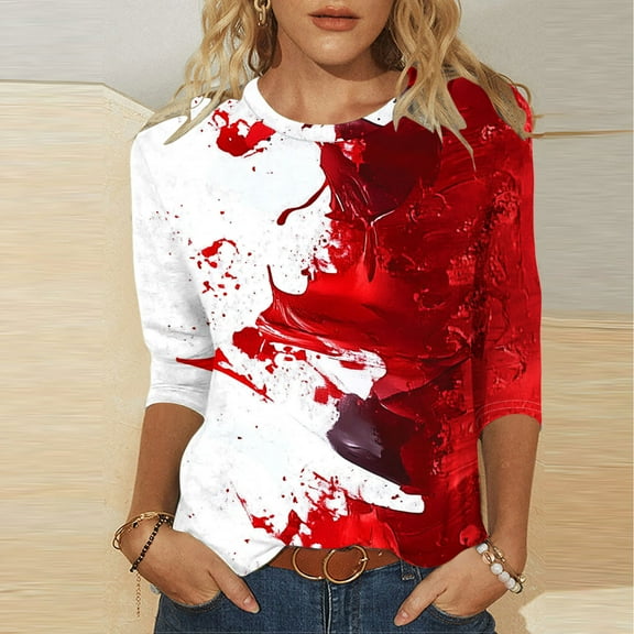 LYEAA 3/4 Sleeve Round Neck Tops for Women Stars Stripes Print Independence Day Apparel Soft Cotton Material Outdoor BBQ Party Wear Red XXXL