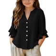 thumbnail image 1 of LYEAA 3/4 Sleeve Shirts for Girls Ruffle V Neck Tops Solid Curved Hem Button up Pullover Summer Vacation Blouse Black 13 Years, 1 of 7