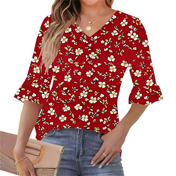 LYEAA 3/4 Sleeve Tops for Women V Neck Ruffle Blouse Red M