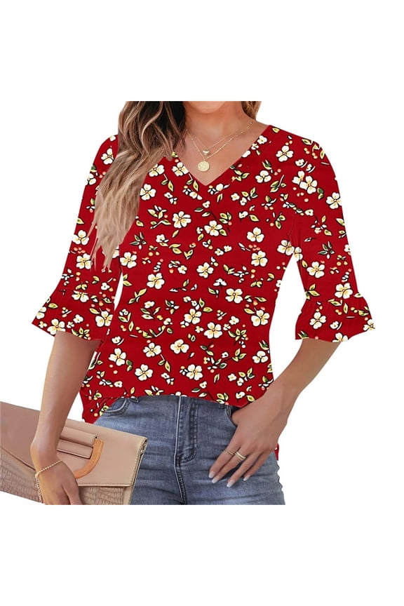 3/4 Sleeve Tops for Women V Neck Ruffle Blouse Red M