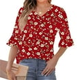thumbnail image 1 of LYEAA 3/4 Sleeve Tops for Women V Neck Ruffle Blouse Red XXL, 1 of 5