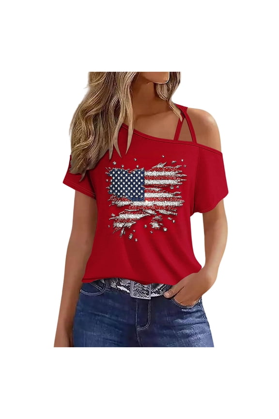 4th of July Womens Clothes American Flag T Shirts Patriotic Red White Blue One Shoulder Tops Independence Day Tees