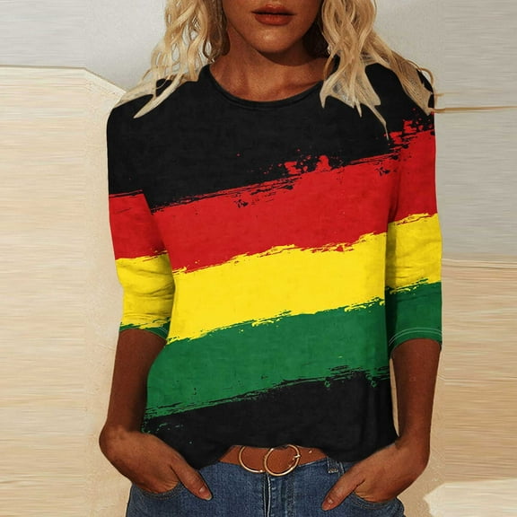 LYEAA African American Apparel Women 3/4 Sleeve Round Neck Tops Ethnic Print Cotton Shirt Loose Fit Casual Daily Cultural Outfit Multicolor M