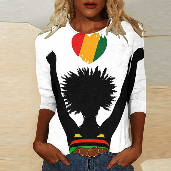 LYEAA African Heritage Inspired Blouse Women 3/4 Sleeve Round Neck T-Shirt Soft Cotton Loose Fit Black History Month Casual Apparel Multicolor L