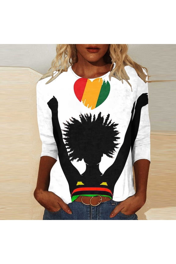 African Heritage Inspired Blouse Women 3/4 Sleeve Round Neck T-Shirt Soft Cotton Loose Fit Black History Month Casual Apparel Multicolor L
